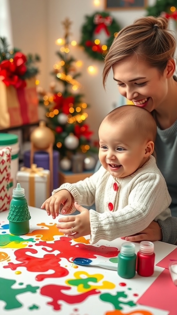 A baby playing with Christmas crafts, surrounded by colorful materials and a parent supervising.